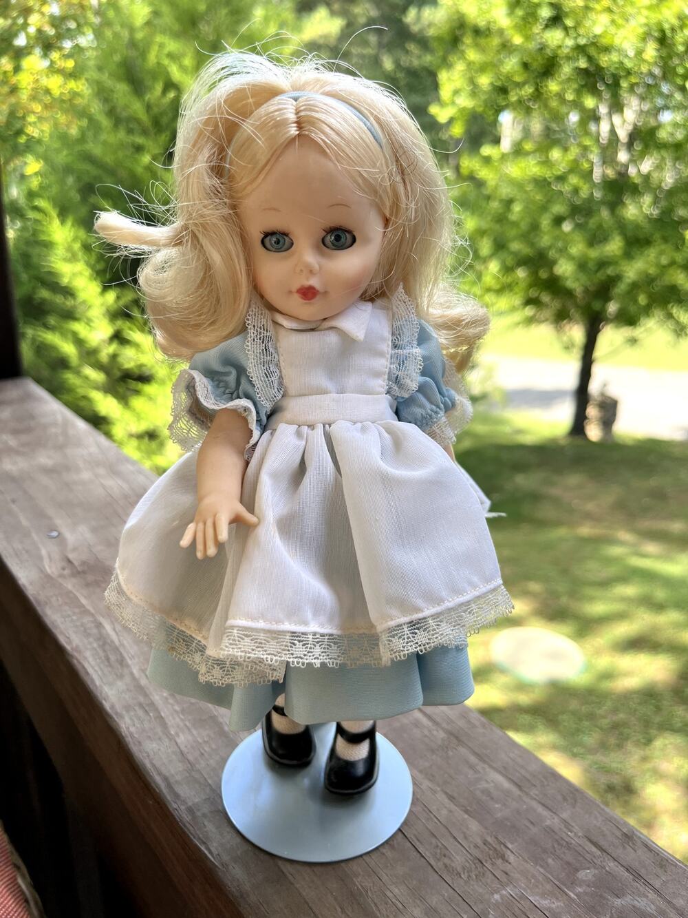 Vintage John Kehagias 9" Doll Greece Alice in Wonderland Blue Dress With Stand